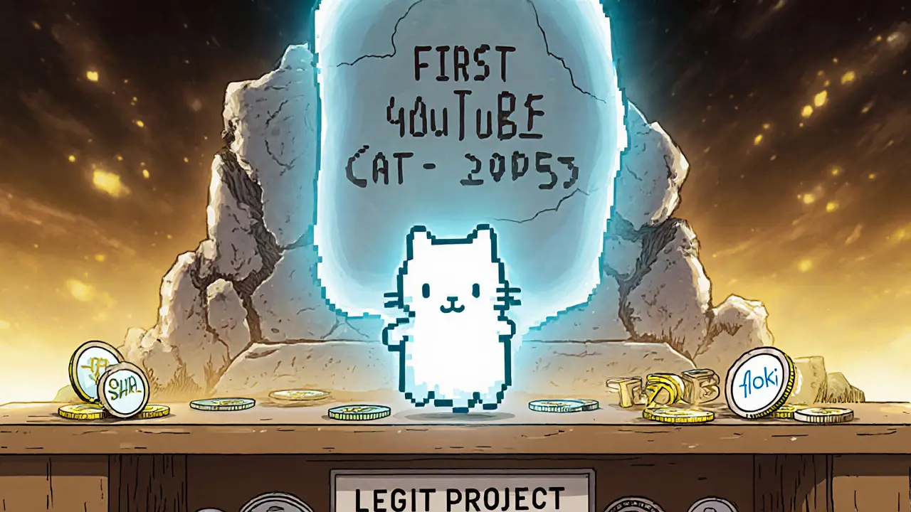 A pixel ghost cat floats above an empty blockchain ledger as real crypto coins shine nearby.