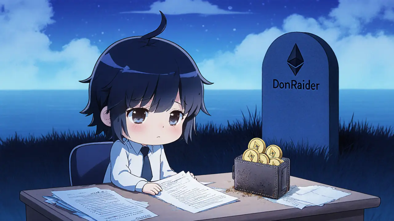Chibi accountant viewing a dusty DRT wallet beside a tombstone under a twilight sky.