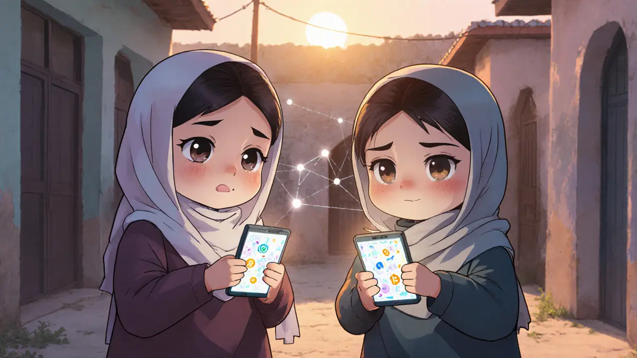 Chibi Afghan women using smartphones to exchange crypto in a courtyard.
