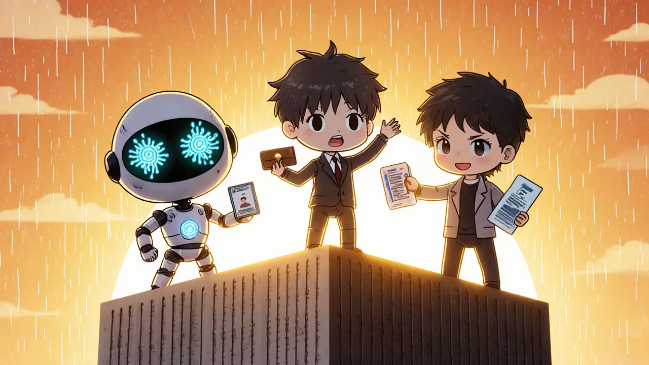 Chibi AI robot, identity wallet, and account‑abstraction heroes standing on a blockchain tower at sunrise.