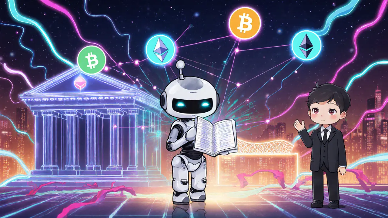 Chibi AI robot linking blockchains while a chibi bank and regulator watch.