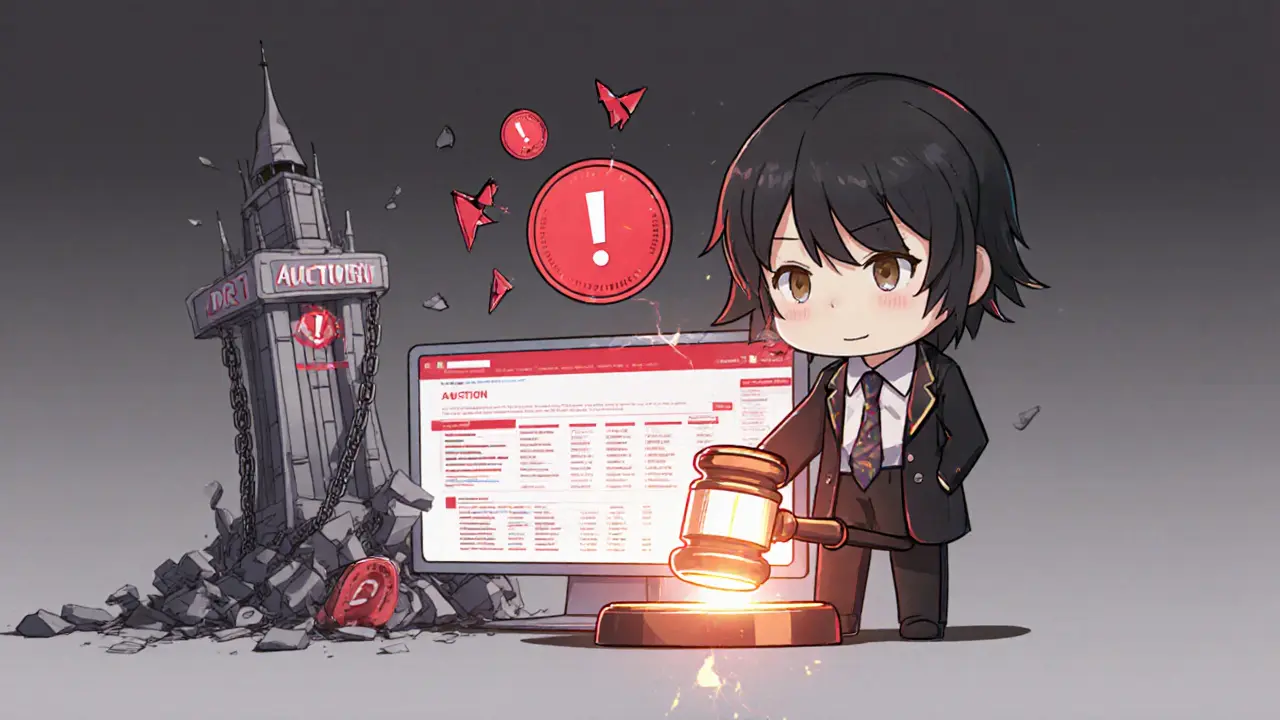 Chibi auctioneer with a glitching blockchain auction platform and collapsing DRT tower.