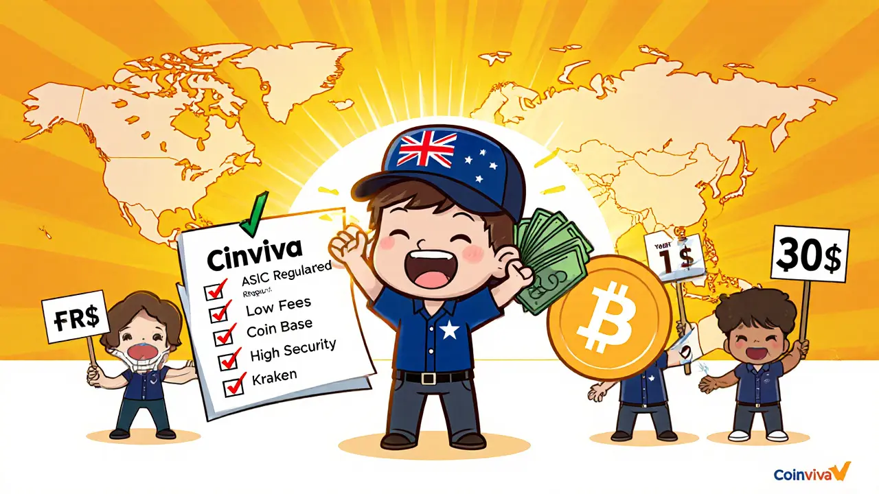 Chibi Australian trader celebrating with AUD bills and Bitcoin, checkmarks for security and low fees, rivals shown nearby.