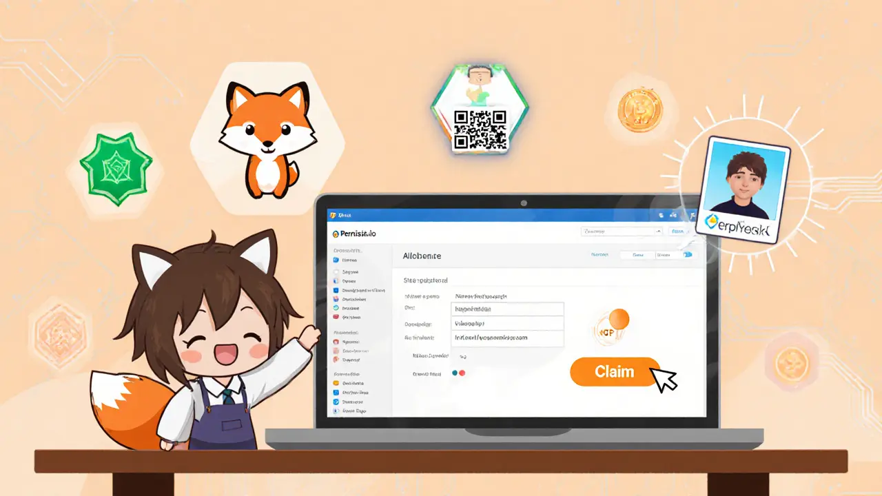 Chibi character at desk clicking Claim button with wallet and ID icons.