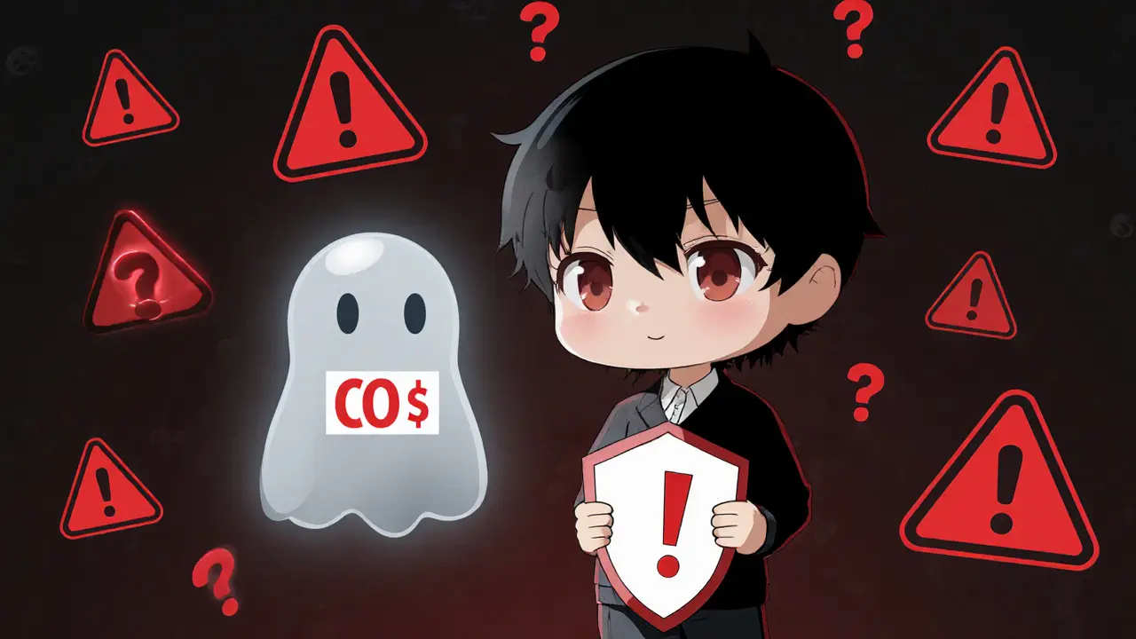 Chibi character holding a shield next to a transparent zero‑value CHY token and warning symbols.