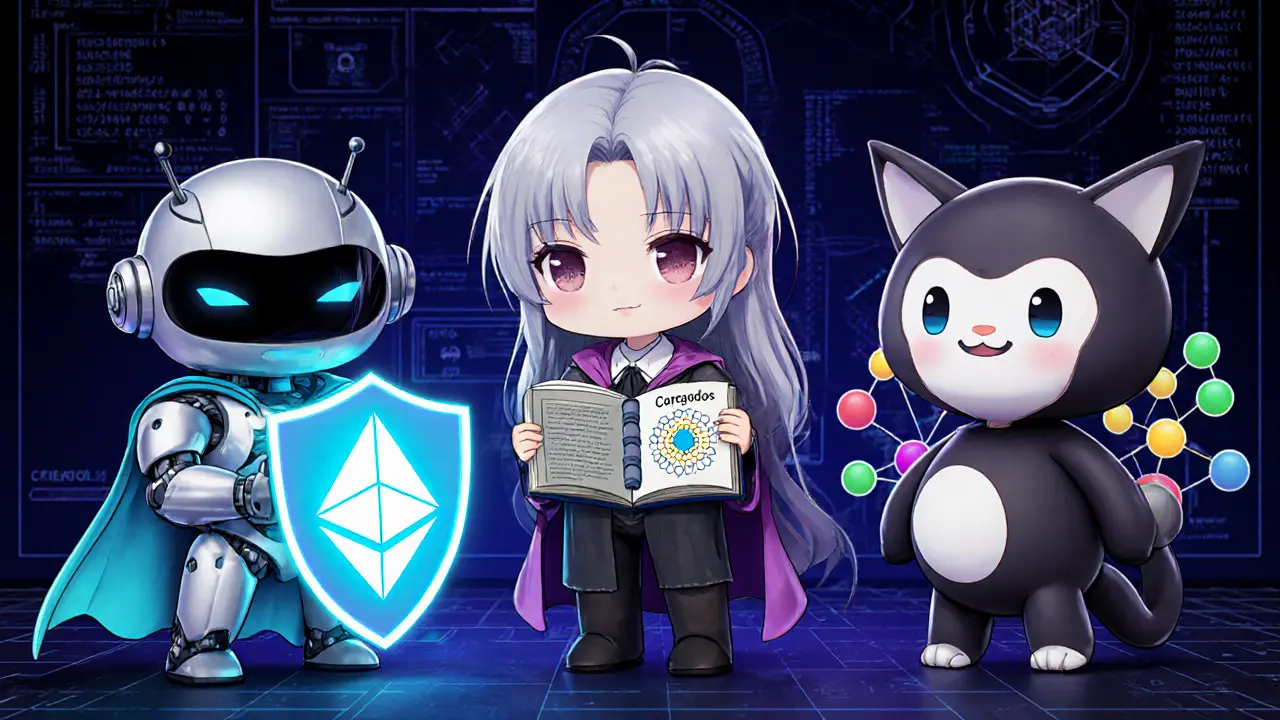 Chibi characters for Ethereum, Cardano, and Polkadot standing on a tech blueprint.