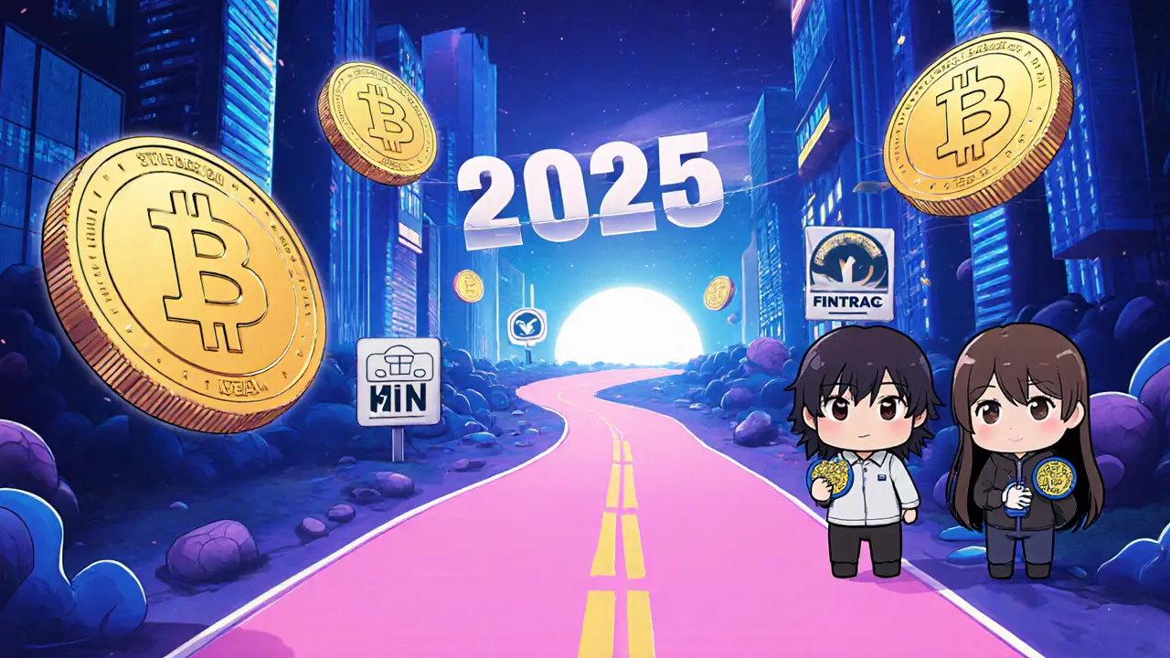 Chibi characters on a futuristic road with stablecoin and NFT icons representing future regulations.