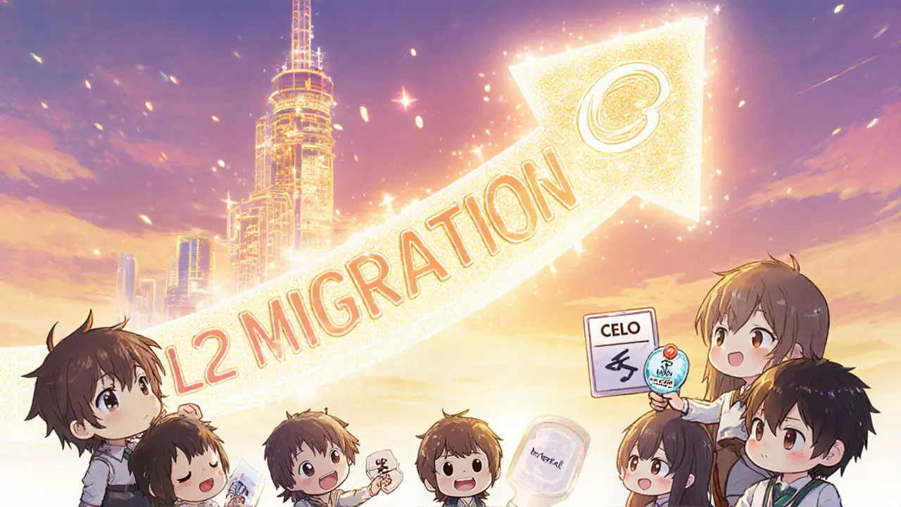 Chibi community celebrating Celo L2 migration with tokens and reward badges.