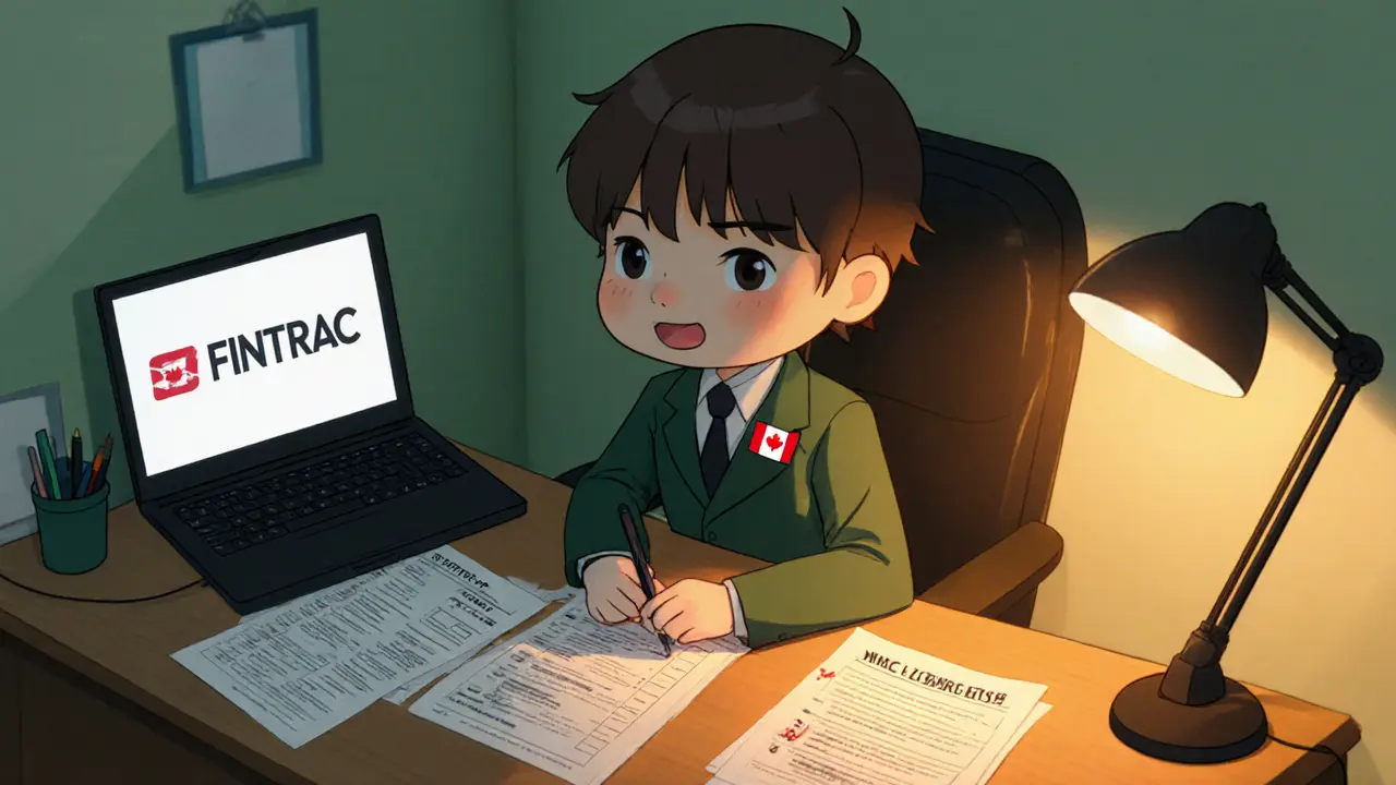 Chibi compliance officer working on FINTRAC forms and KYC documents.