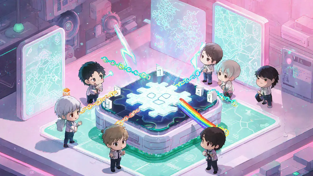 Chibi engineers build a glowing hybrid consensus core, connecting blockchains with rainbow bridges.
