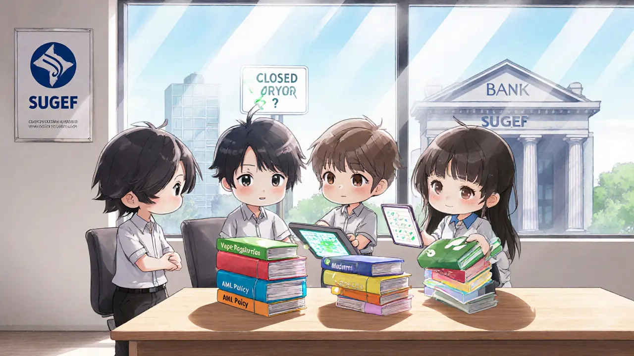 Chibi entrepreneurs reviewing compliance paperwork and a transaction‑monitoring screen.