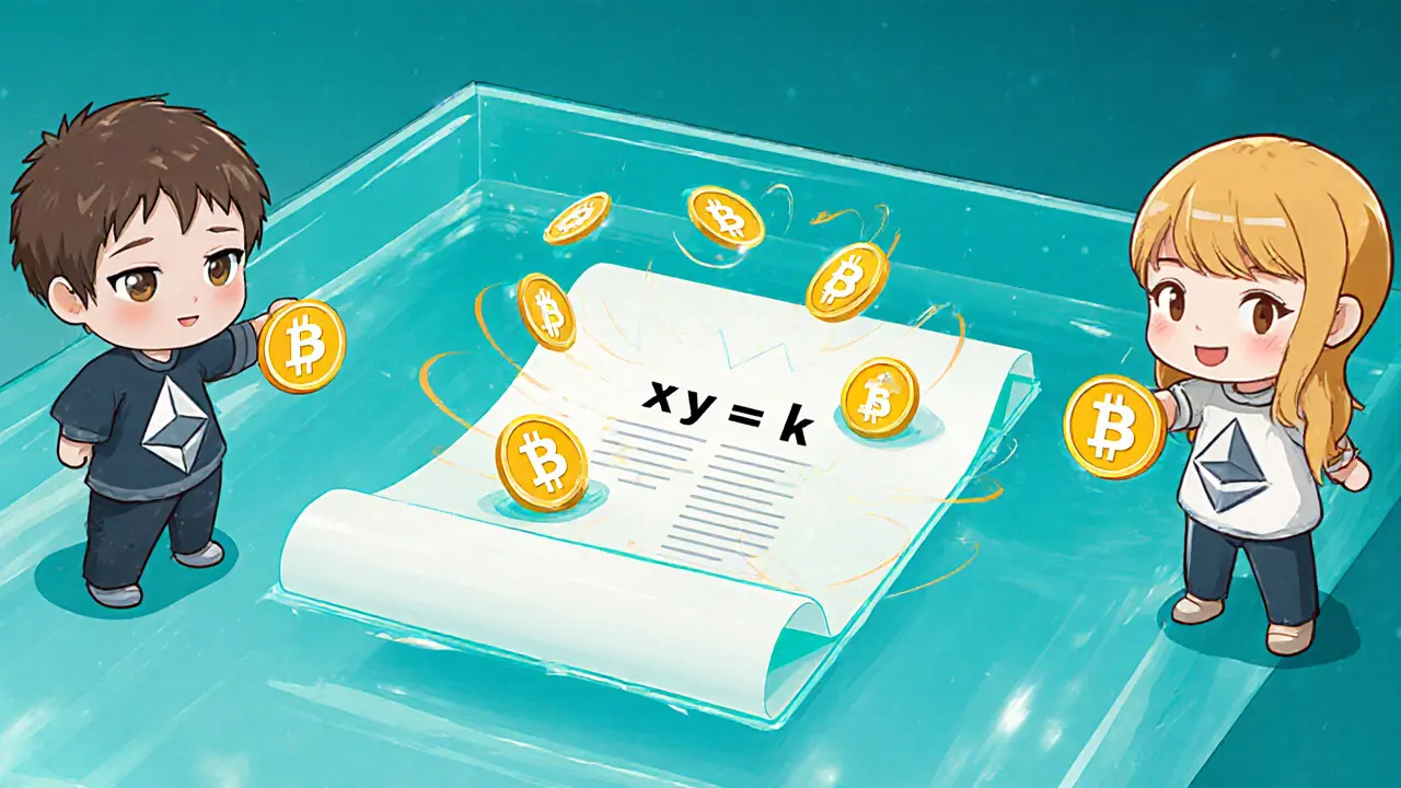 Chibi ETH and token swap in a glowing AMM liquidity pool.