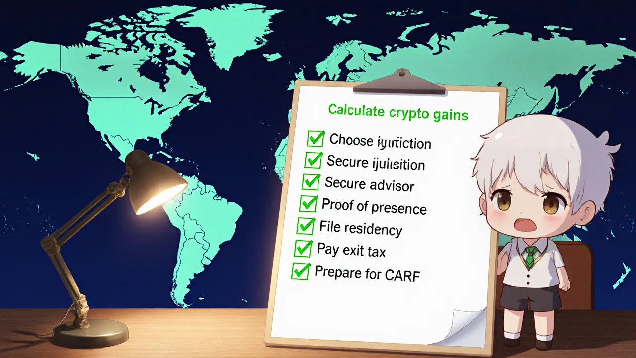 Chibi figure checking off a detailed crypto tax residency checklist at a desk.