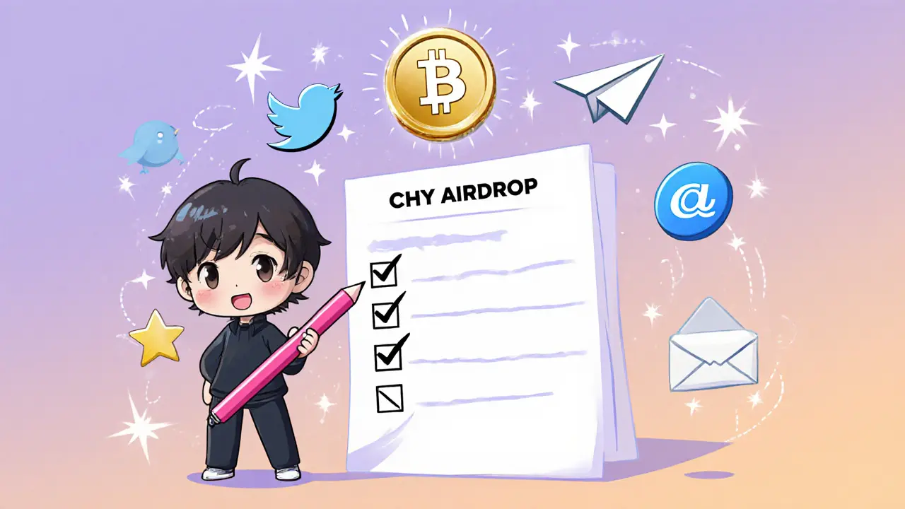 Chibi figure checking off airdrop steps with social media icons floating around.