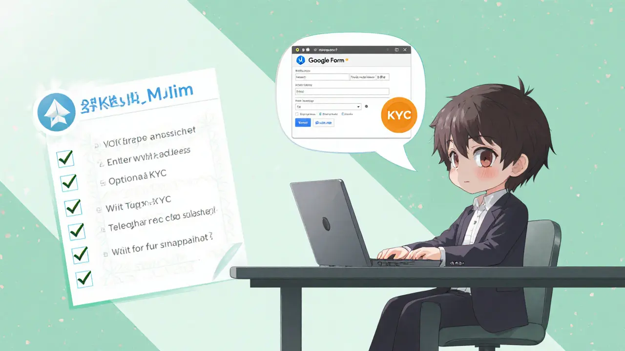 Chibi figure follows a step-by-step claim guide with Telegram and form icons.