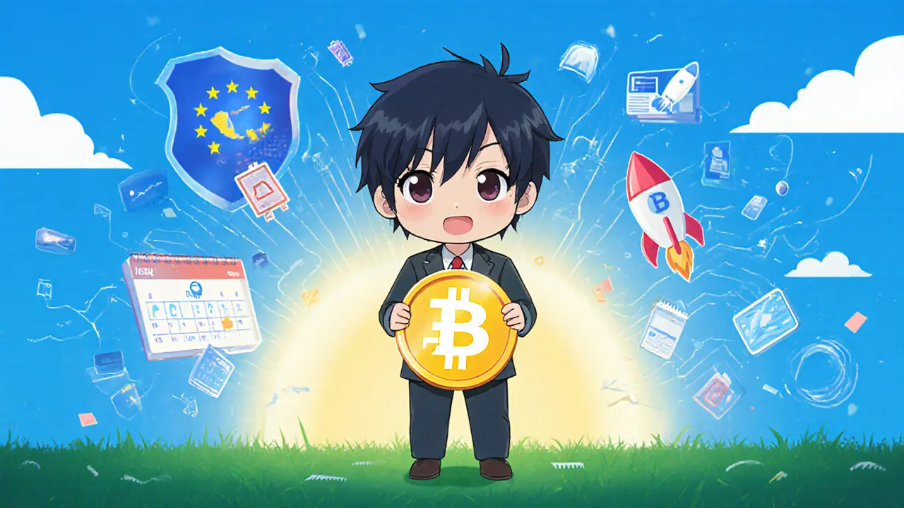 Chibi figure holding glowing ASK coin beside ad marketplace and roadmap symbols.