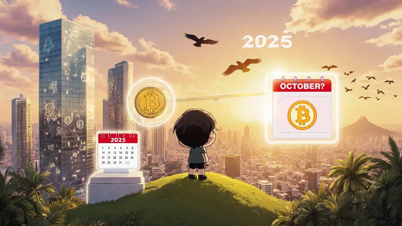 Chibi figure overlooking a futuristic crypto‑friendly city with a calendar marking Oct 2025.