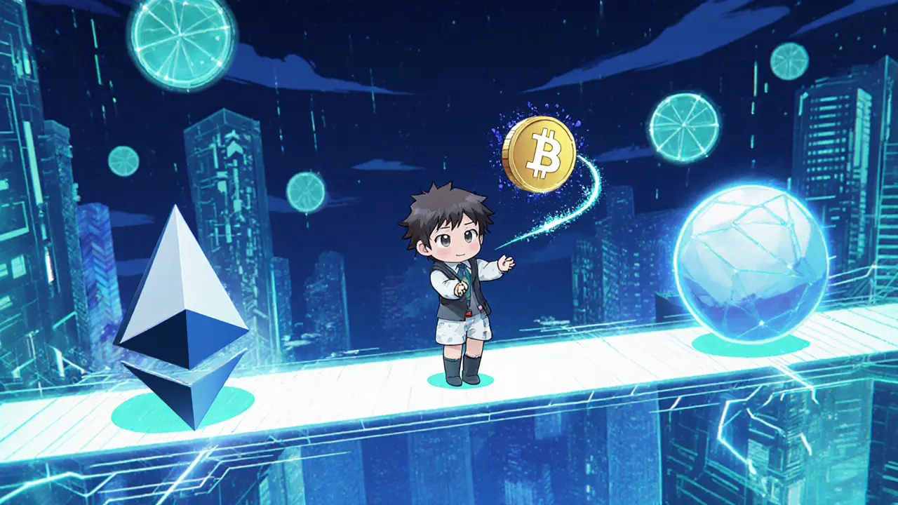 Chibi figure tossing token between abstract blockchain bridges.