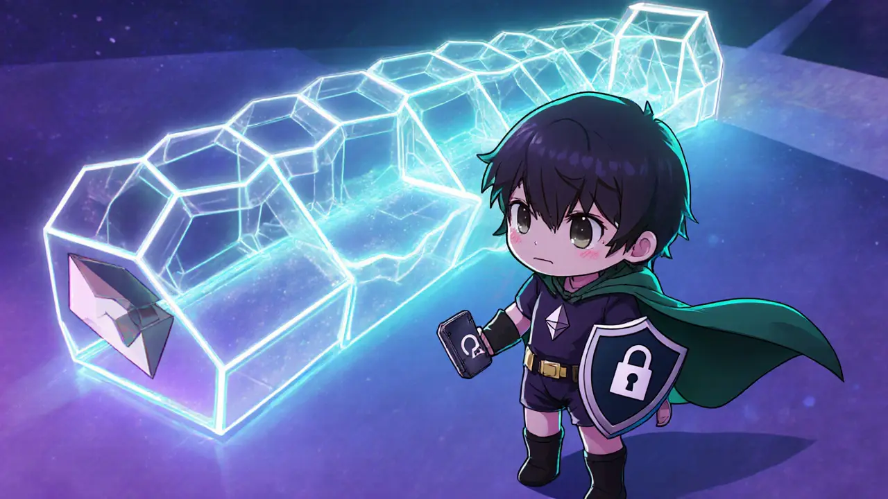 Chibi hero protects a neon bridge connecting Ethereum to Moonbeam and Moonriver.