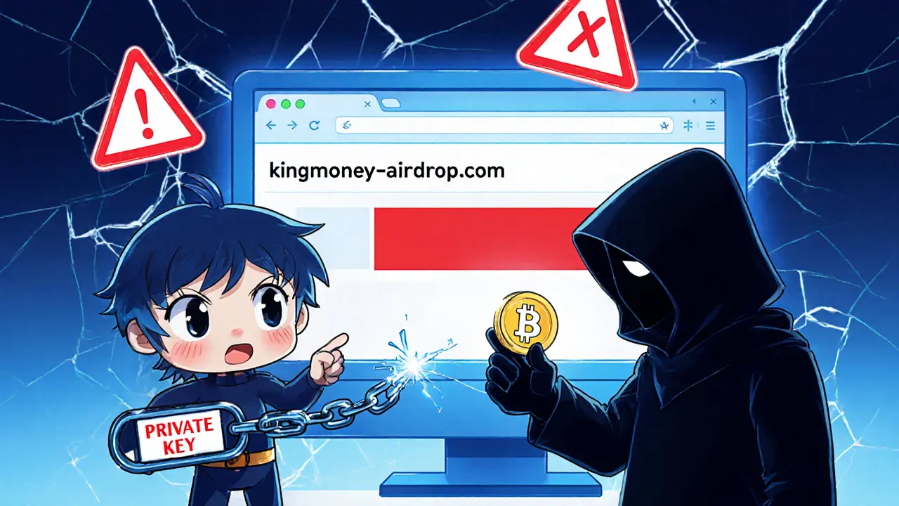 Chibi hero warns about phishing scams and fake airdrop links.