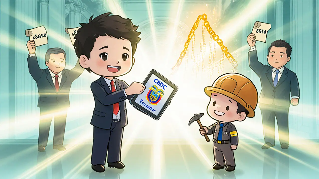 Chibi illustration of hopeful officials with CBDC tablet, miner, and lawmakers discussing a bill.