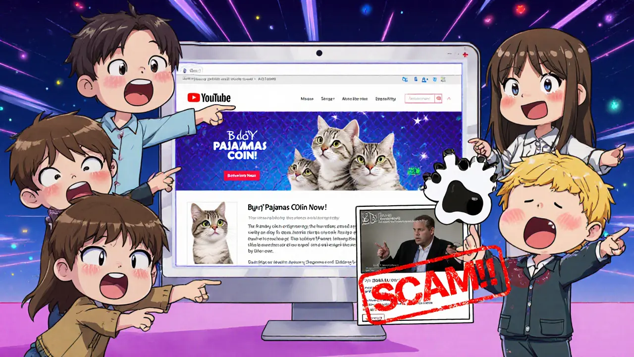 Chibi internet users reacting to a fake PAJAMAS coin website while holding the real YouTube cat video.