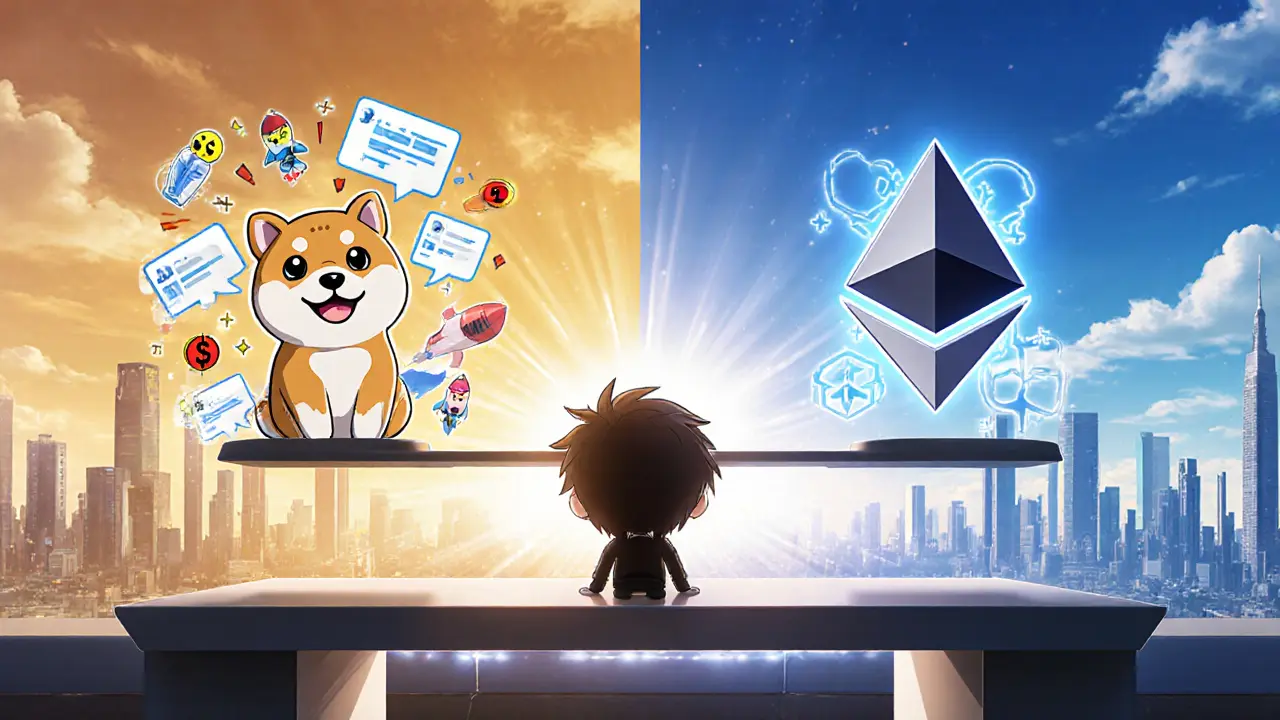Chibi investor balancing meme coin and serious crypto on a scale with a futuristic skyline.