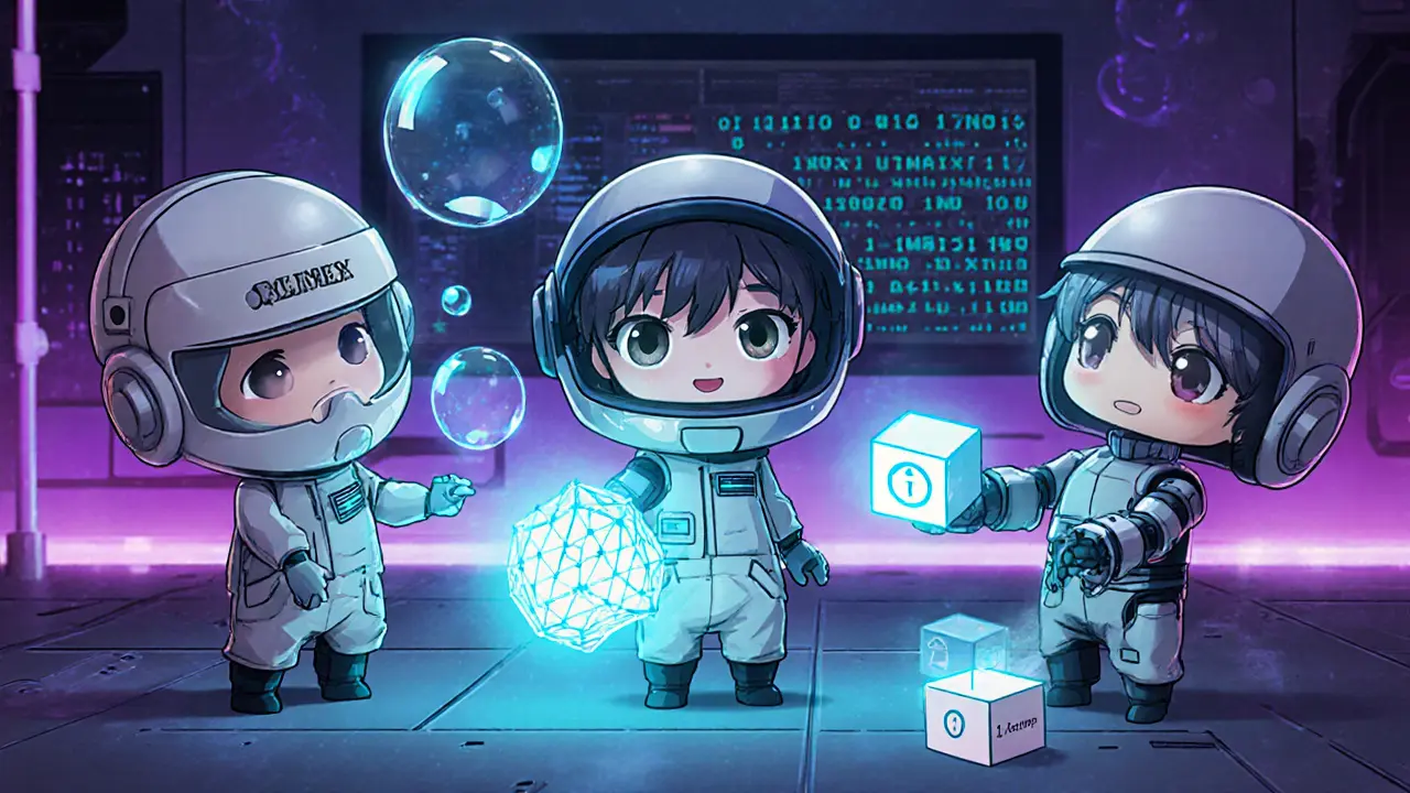 Chibi lab scene showing zk‑STARK, quantum‑lattice, and homomorphic encryption engineers with holographic data.