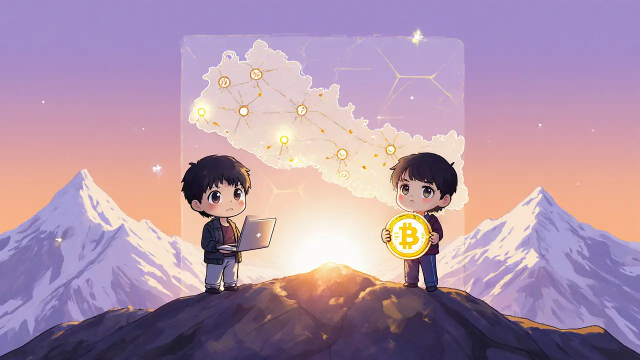 Chibi Nepali youths envision a regulated digital currency at sunrise.