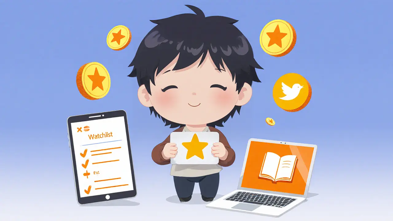 Chibi person interacting with devices showing watchlist, bird, and book icons.