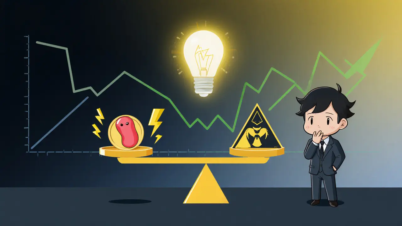 Chibi scale balancing a jelly token against risk symbols, with a hopeful lightbulb in the background.
