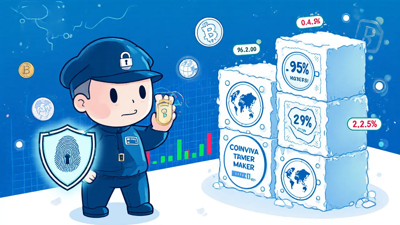 Chibi security guard scanning fingerprint beside icy vaults labeled 95% cold storage and fee icons.