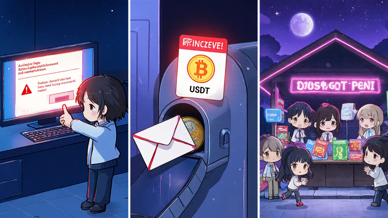 Chibi split panel showing bank alert, crypto to USDT conversion, and gift‑card trade market.