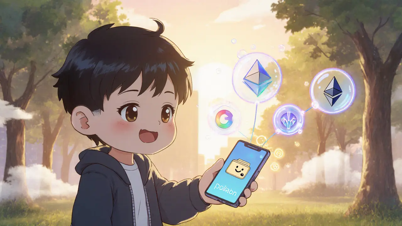 Chibi teen with smartphone wallet UI connecting multiple blockchain symbols.