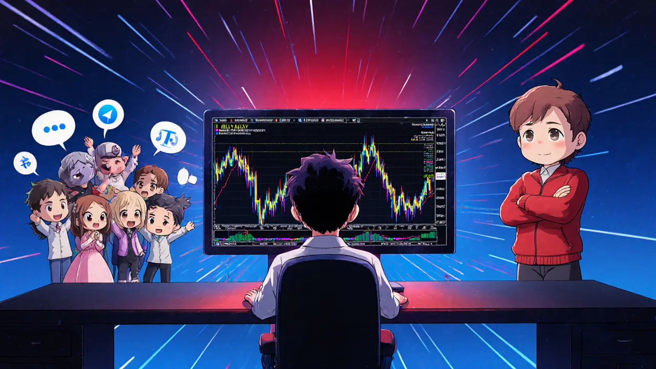 Chibi trader at a monitor showing volatile chart, with chibi community characters on both sides.