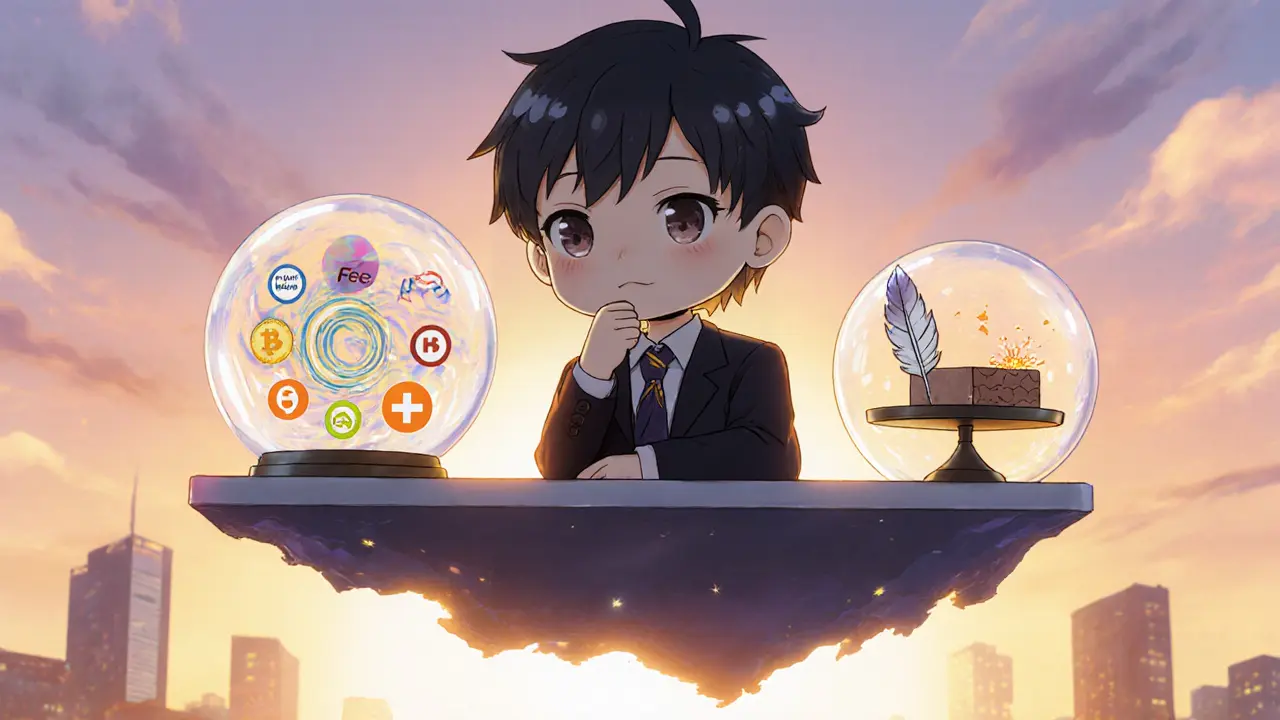 Chibi trader balances low fees against thin liquidity in a reflective scene.