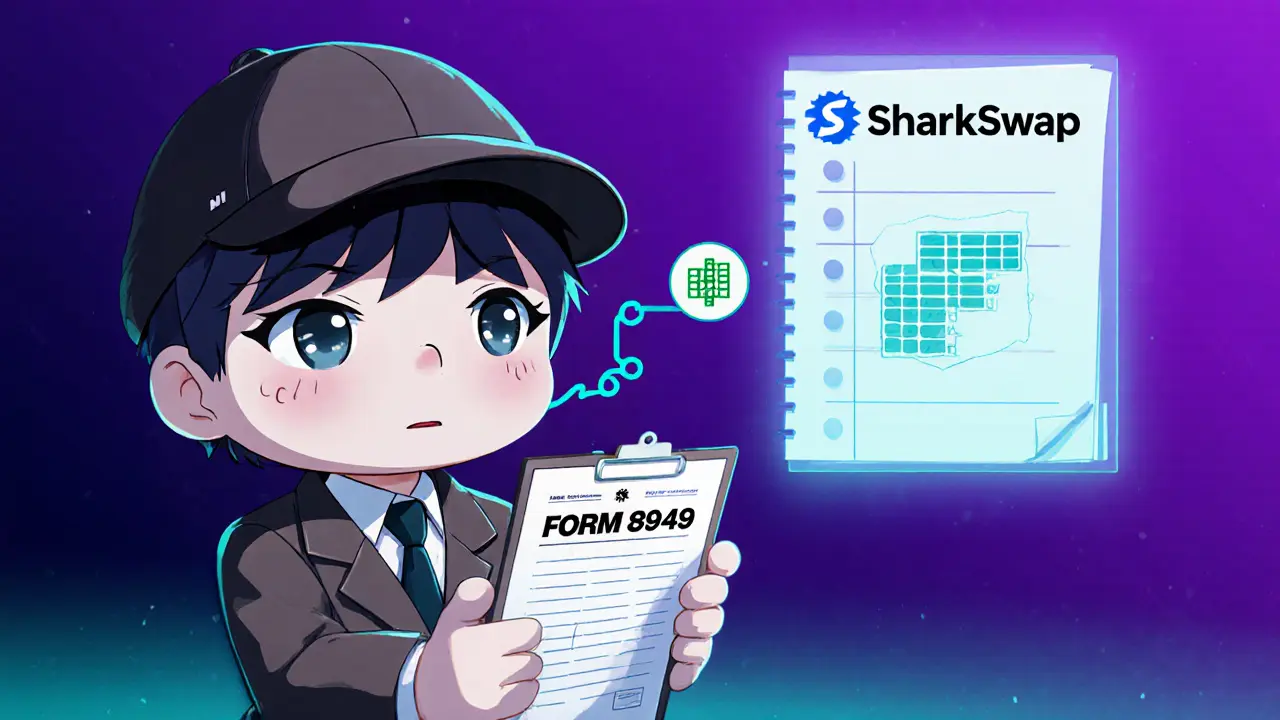 Chibi trader reviews tax form with blockchain ledger background.
