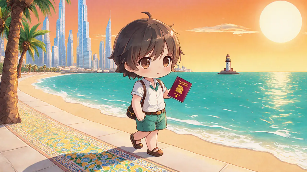 Chibi traveler on a sunny beach holding passport and tax residency certificate with Dubai skyline behind.