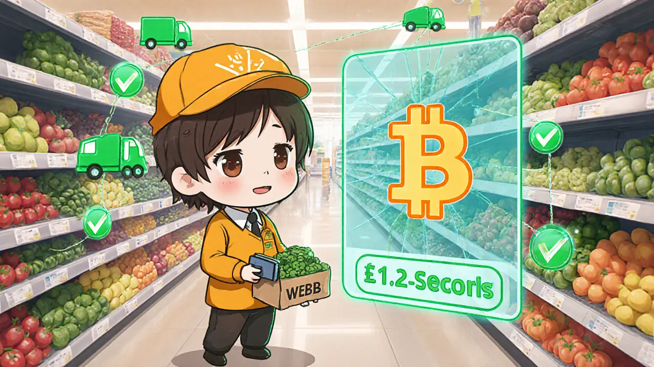 Chibi Walmart employee scanning food item, blockchain ledger shows 2.2‑second verification.
