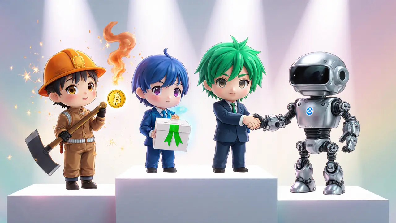 Four chibi characters represent PoW miner, PoS validator, DPoS delegate, and PBFT node on a platform.