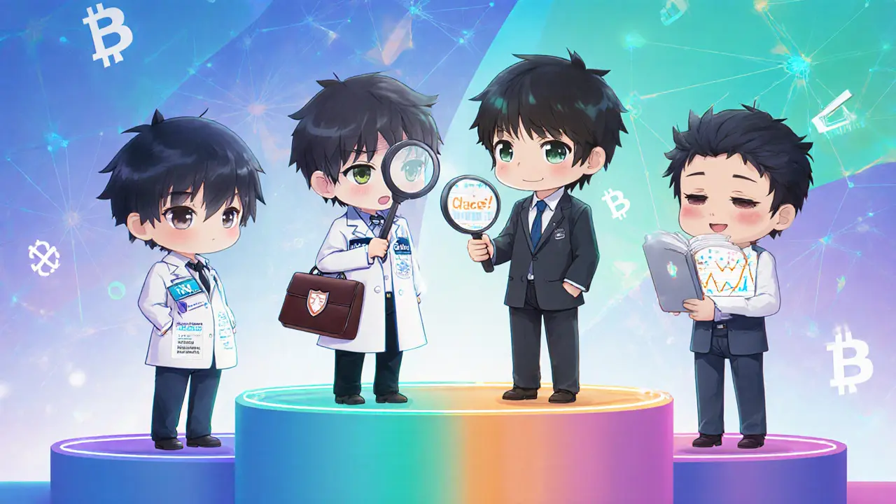 Four chibi characters representing analytics firms on a podium with data streams.