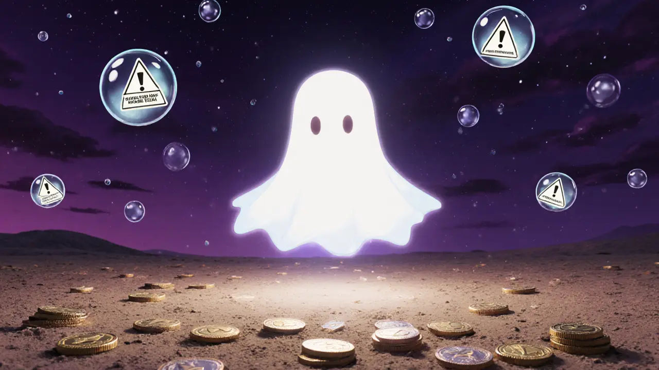 Ghostly chibi figure over barren ERC20 coin landscape with gas bubbles.