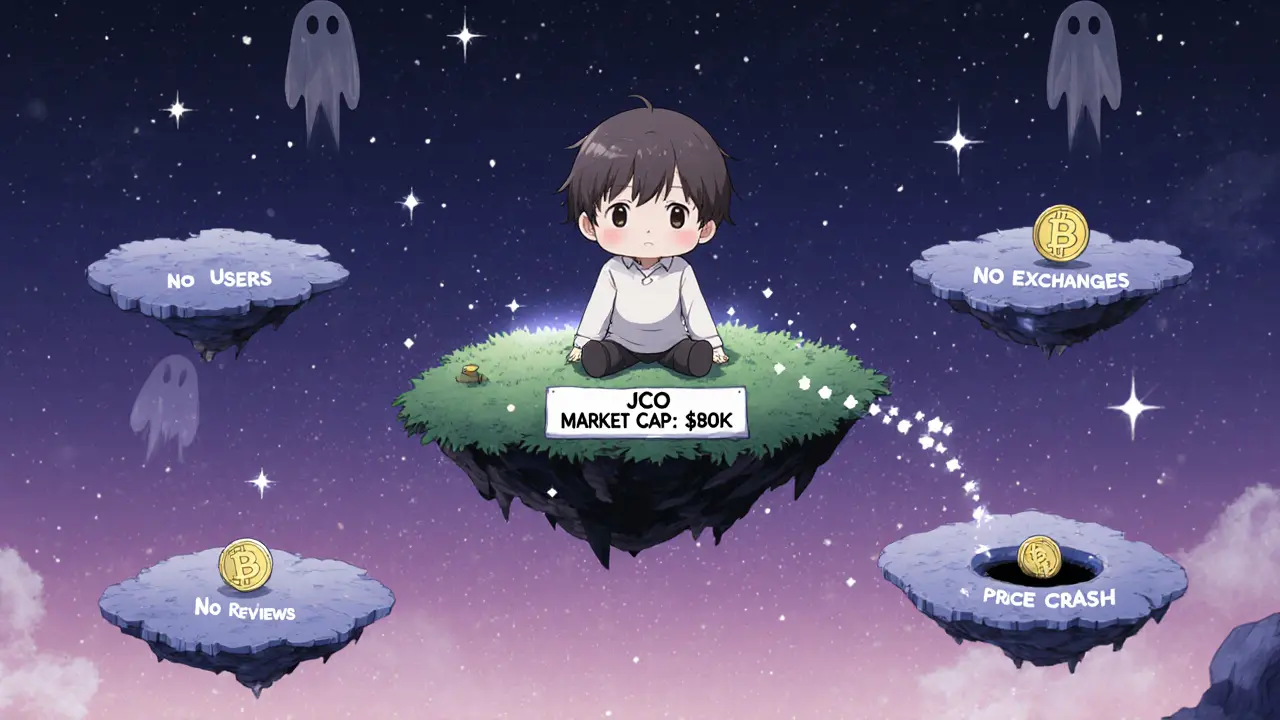 Lonely chibi figure on a tiny floating island labeled K market cap, surrounded by empty platforms.