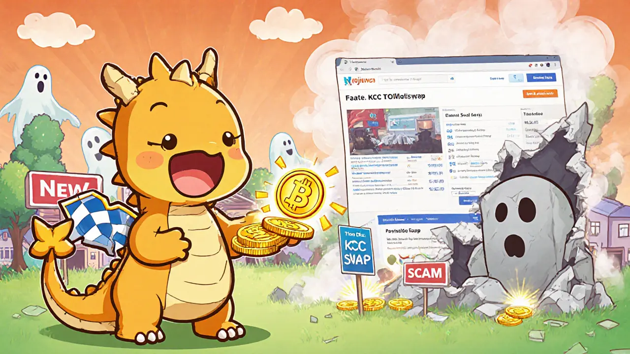 MojitoSwap dragon giving tokens to users while fake KCCSwap site crumbles in background.
