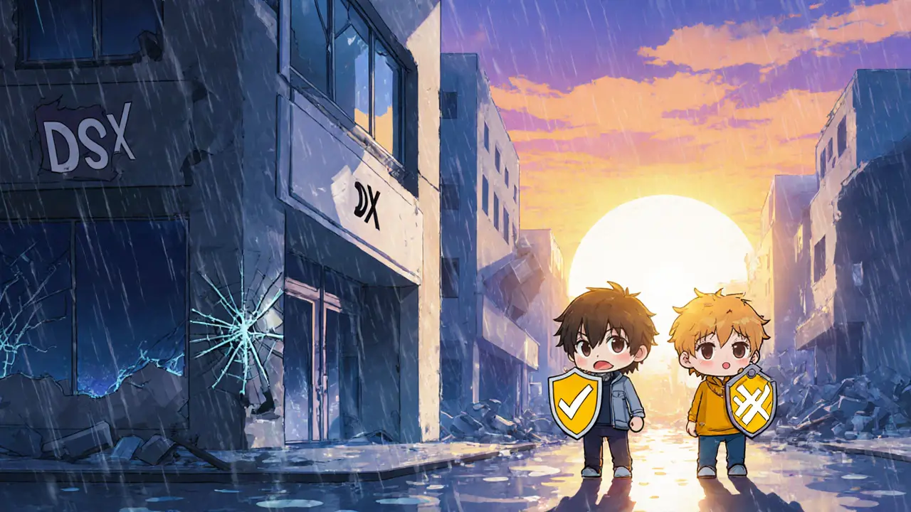 Sad chibi DSX building ruins with hopeful chibi Coinbase and CEX.io characters guiding forward.