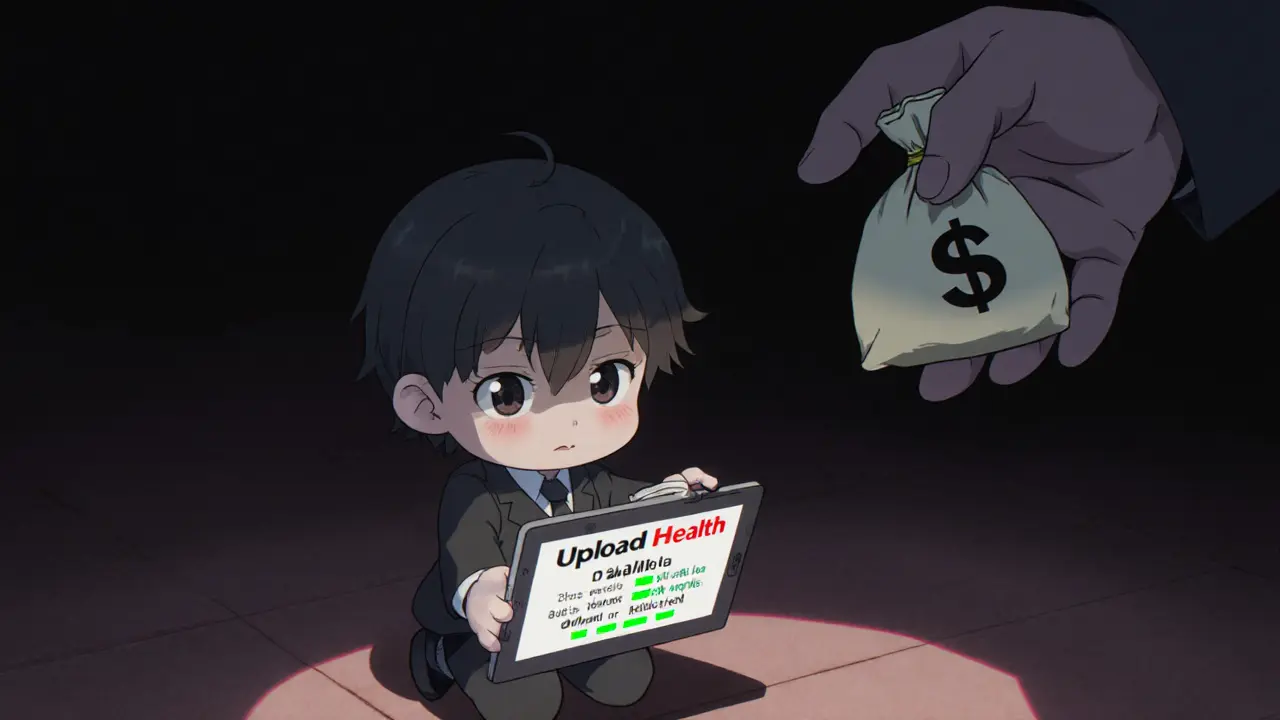Small person uploading data as a shadowy corporate hand reaches for JCO tokens in dark anime style.
