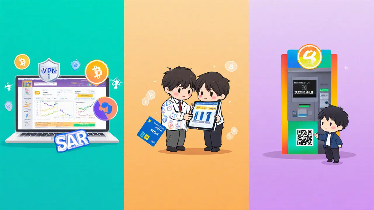 Three chibi figures: laptop exchange, P2P handshake, crypto ATM transaction.