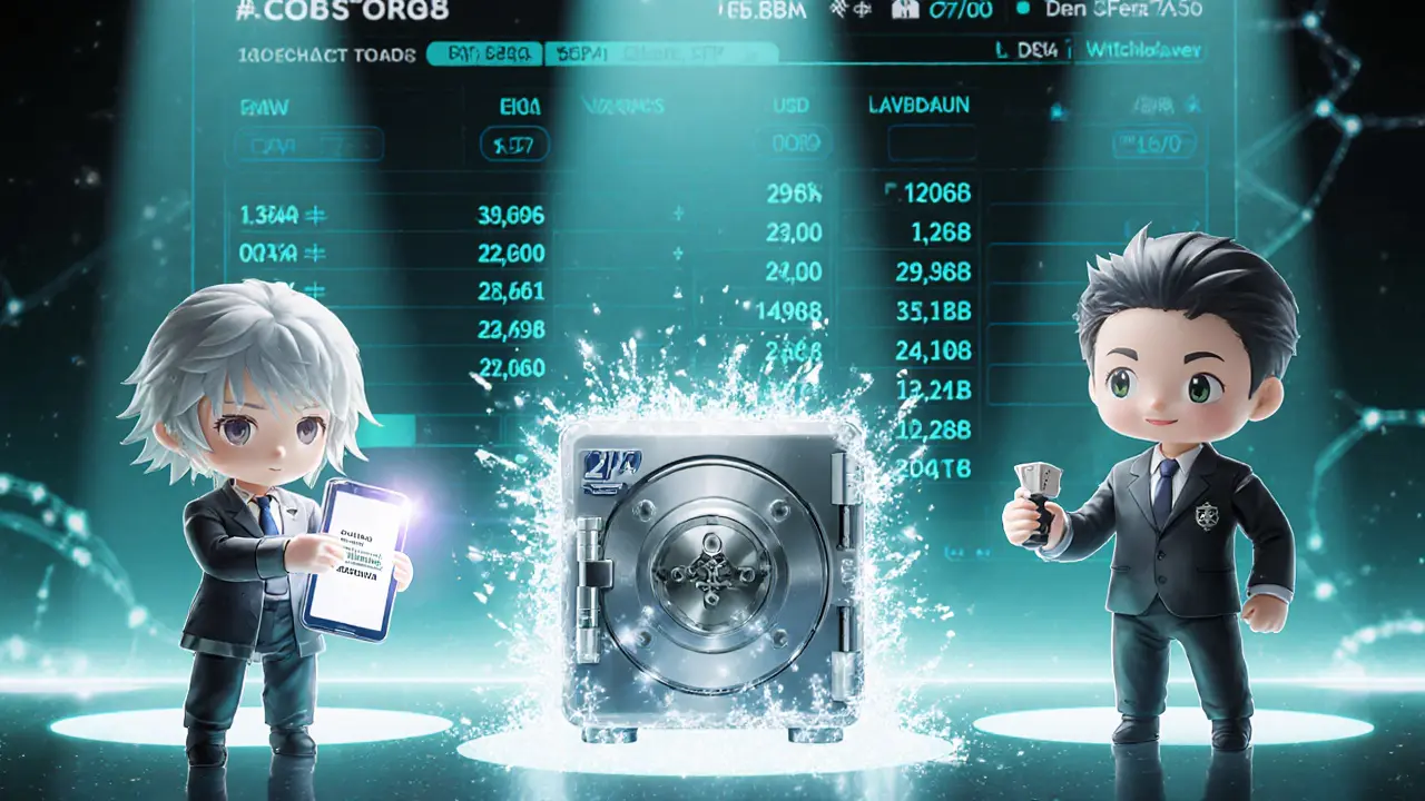 Three chibi guardians representing 2FA, cold storage vault, and manual withdrawal check.