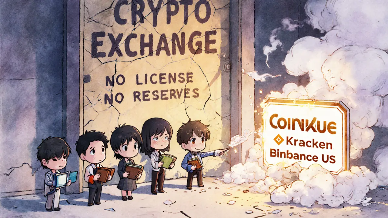 Tiny users facing a crumbling exchange door while safer platforms glow in distance