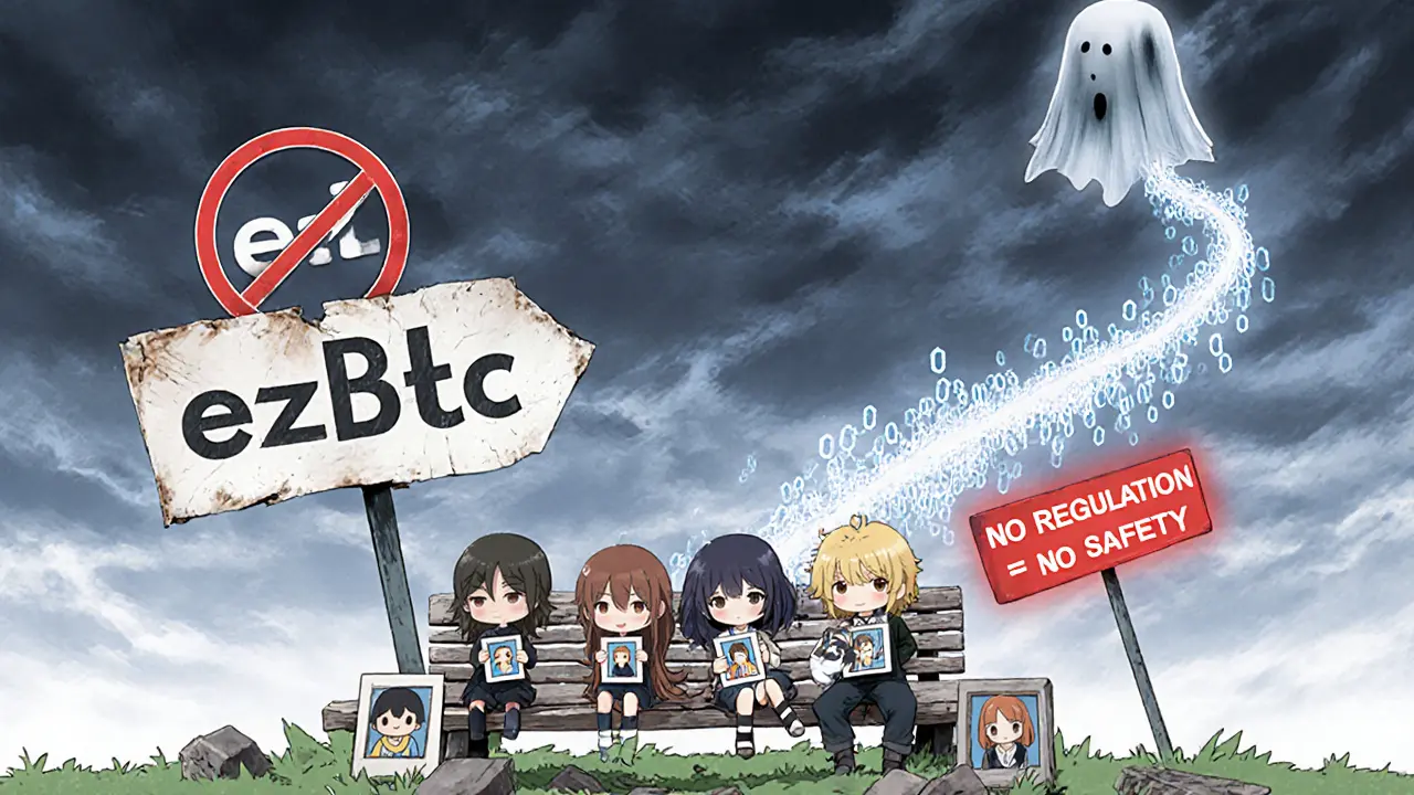 Victims mourning lost savings as a blockchain trail leads to a crumbling exchange sign.